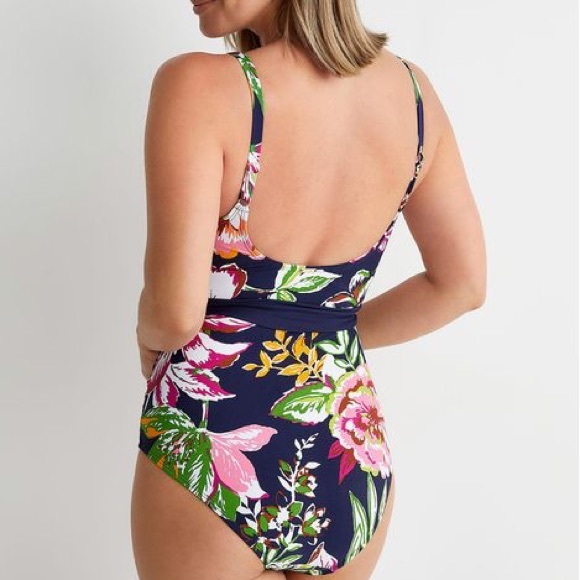 NWT Anne Cole Navy Blue Ring Belt Scoop Floral One Piece Swimsuit Large - Picture 2 of 9